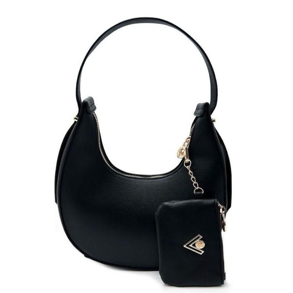 NWT Valentino Orlandi Black Gold Vegan Leather Crescent Shoulder Bag Wallet $189 - Picture 3 of 5